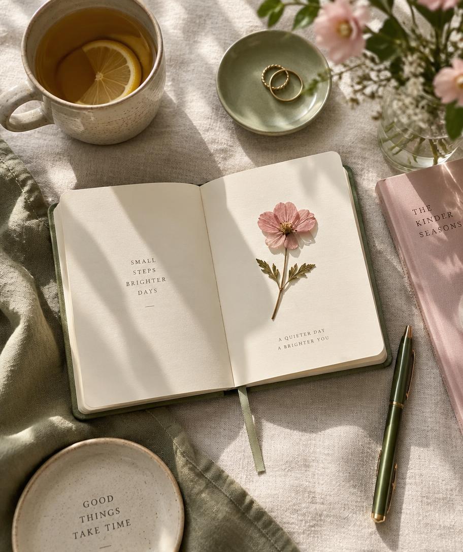 Open Inner Clarity journal with a pressed flower, tea, and soft morning light